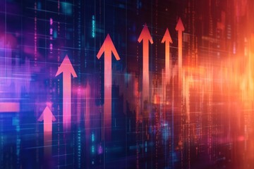 Dynamic upward arrows illustrating positive stock market trends with vibrant colors reflecting a technological backdrop of financial data analysis