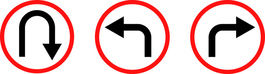  turn Right, Left, U sign set. sharp turn warning. driving navigation icon. traffic direction and Road safety. warning road sign © Sultana Design
