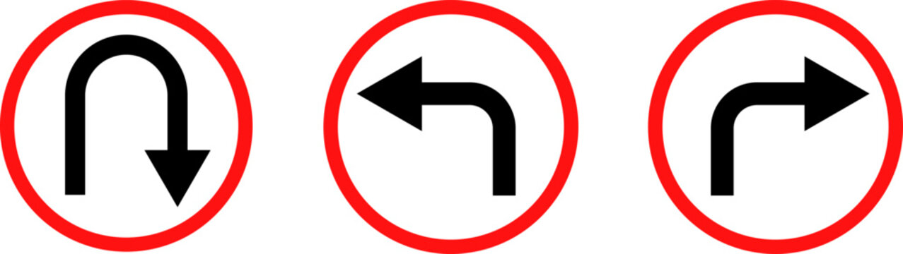  turn Right, Left, U sign set. sharp turn warning. driving navigation icon. traffic direction and Road safety. warning road sign