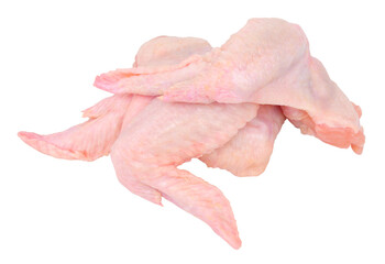 Group of fresh raw prepared skin on chicken wings isolated on a white background