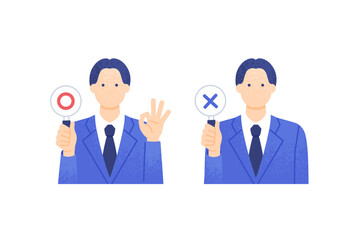 正解不正解ボードを持つ男性会社員 ジャッジするビジネスマンのベクターイラスト素材