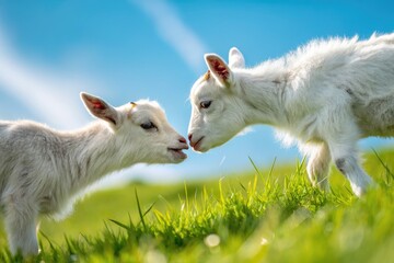 Obraz premium Baby goat and lamb playfully butting heads in a sunny pasture filled with lush green grass