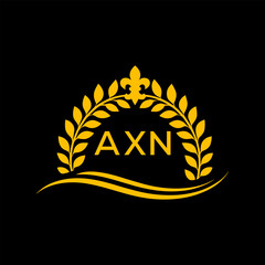 AXN Letter Logo. Luxury Laurel Wreath Logo with AXN Letters on Black Background.
