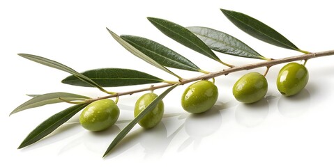 Fresh Green Olives on Branch with Lush Leaves Isolated on White Background