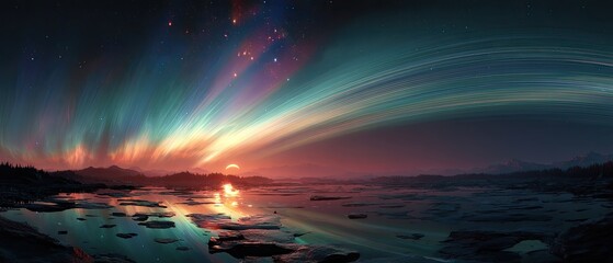 Vibrant aurora borealis over alien planet with glowing rings and liquid metal sky, cosmic landscape for sci-fi book covers, game backgrounds, and wallpaper designs.


