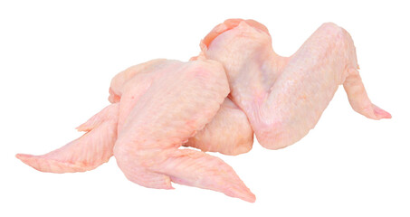 Group of fresh raw prepared skin on chicken wings isolated on a white background
