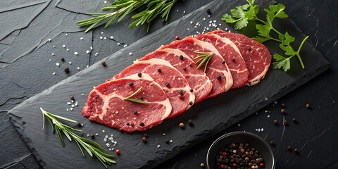 Raw Beef Steaks Sliced on Black Slate with Herbs and Spices
