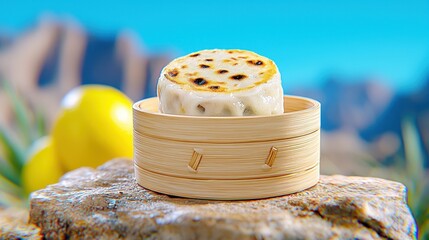 Cake in a Wooden Bucket on a Rock with Lemon Against a Mountain