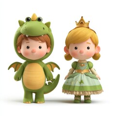 Adorable 3D Rendered Boy in Dragon Costume and Princess Girl in Green Dress