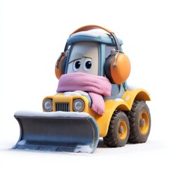 Fototapeta premium Adorable Cartoon Snowplow Wearing Earmuffs and Scarf in Snowy Winter Scene