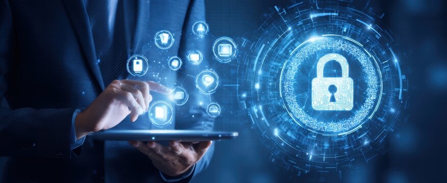 The professional interacting with digital security features on a tablet device.