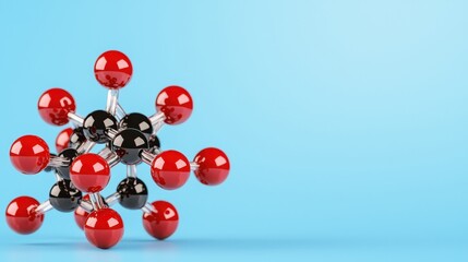Abstract 3D Molecular Model Red and Black Spheres on Light Blue