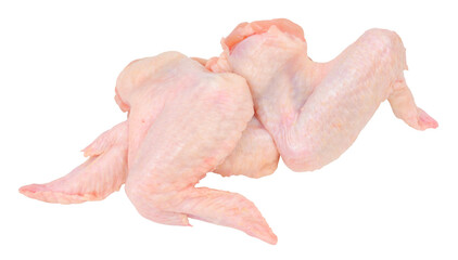 Group of fresh raw prepared skin on chicken wings isolated on a white background