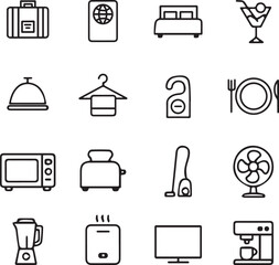 Set of 16 black line icons representing common hotel and hospitality services, including travel, accommodation, room service, kitchen appliances, and guest amenities.