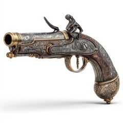 Exquisite Antique Flintlock Pistol Ornate Handgun with Intricate Engraving and Gold Accents