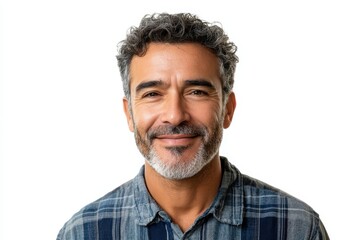 Mid aged Brazilian man smiles warmly in casual attire against a plain background during a relaxed afternoon at home