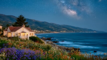 Fototapeta premium Coastal serenity meets celestial wonder a dreamy oceanfront house under the starry night sky