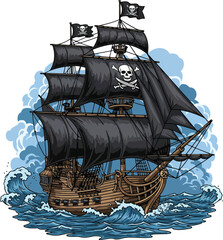 A detailed illustration of a formidable pirate ship bravely sailing through rough seas, perfect for themes of adventure, fantasy, and historical maritime journeys © amodha