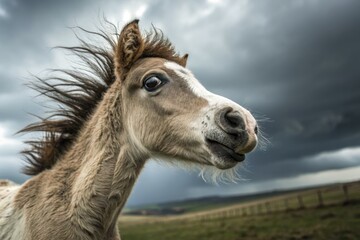 Obraz premium Close up portrait of a curious foal with windblown mane in a dramatic sky