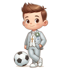 Cartoon boy in a suite, with a soccer ball, first communion