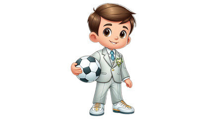 Cartoon boy in a suite, with a soccer ball, first communion
