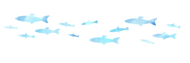 水彩風   水色の魚の群れが泳ぐ背景イラスト