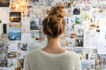 Woman creating vision boards while standing in front of a wall covered with inspirational images and notes in a cozy indoor space during daylight
