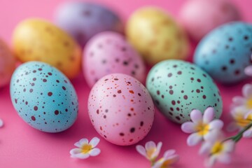 Fototapeta premium Brightly colored speckled eggs surrounded by flowers create a festive atmosphere for spring holiday celebrations and family gatherings