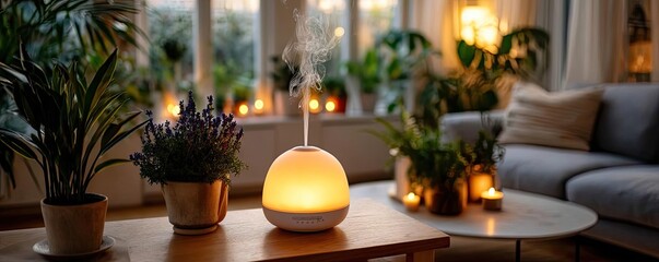 Obraz premium Aromatherapy with escape and peace in balance concept. Warm and cozy living room with a diffuser and plants.