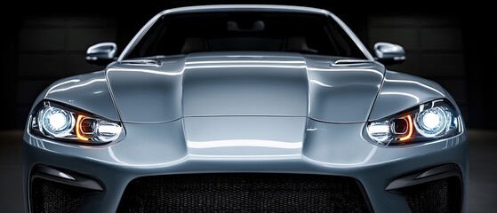 Fototapeta premium A sleek, modern sports car front view with illuminated headlights, emphasizing its aerodynamic design and glossy metallic finish.