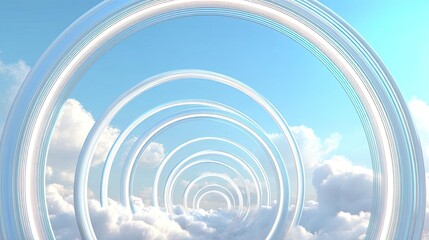 Obraz premium Positive energy through peace and meditation in therapy concept. A serene view with luminous rings amidst fluffy clouds and blue sky.