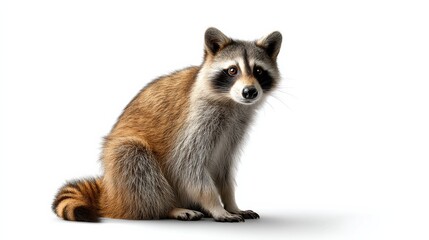 Fototapeta premium Raccoon is sitting on the ground and looking at the camera. The image has a calm and peaceful mood, as the raccoon appears to be relaxed and not in a hurry