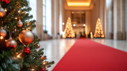 Festive christmas tree with red carpet for holiday celebration and seasonal decoration