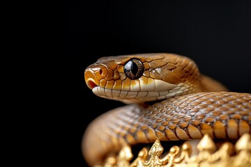 Fototapeta premium A golden-brown snake with black eyes on a black background. The snake is coiled