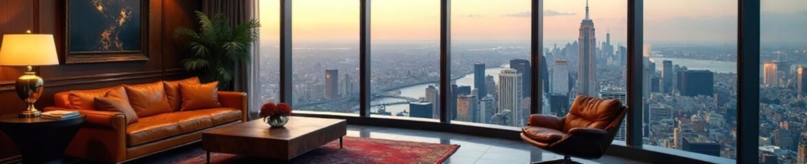 A lavishly appointed office space with expensive furniture, overlooking a sprawling cityscape from a high-rise building, subtly suggesting wealth and an air of superiority ,  view,  high-rise