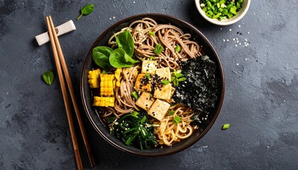 Delicious Vegan Soba Noodle Bowl with Tofu, Corn, and Spinach
