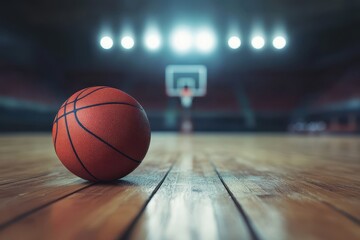 Naklejka premium Basketball resting on wooden court floor in blurred arena with bright lights shining above during a competitive game