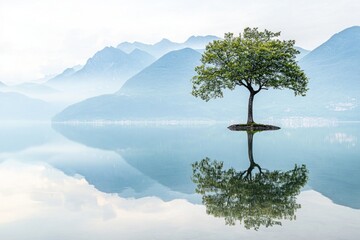 lone tree by lake with mountain reflection isolate on white background
