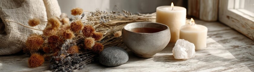 Stress relief tea in wellness with balance and positivity concept. Calm and serene indoor setting with candles and natural elements.