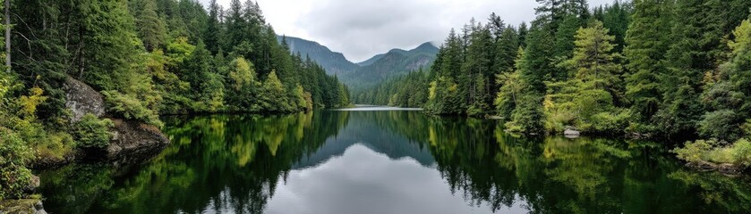 Positive energy through peace and meditation in therapy concept. Scenic landscape featuring serene lake and lush green forests.