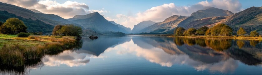 Fototapeta premium Positive energy through peace and meditation in therapy concept. Serene mountains reflected in a tranquil lake at sunset.