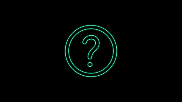 Neon glowing question mark icon with animated effect on black background. A moving question mark symbolizing doubts and confusion in cyberspace.
