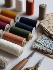 Colorful spools of thread arranged on a table with fabric swatches and sewing tools nearby