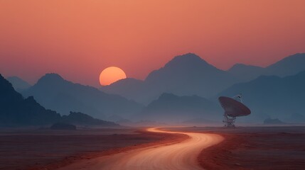 Desert horizon featuring a winding road, satellite dish, and mountains under a sunset sky