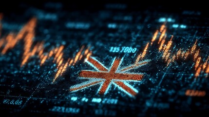 Digital display showing the Union Jack flag with financial data and stock market trends illustration