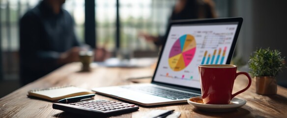 The laptop displaying colorful charts on a modern workspace table.