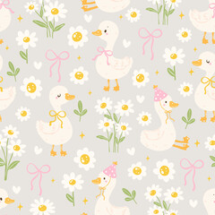 Cute Goose Seamless Pattern with Daisies and Ribbons, Kawaii Spring Animal Background, Pastel Nursery Design
