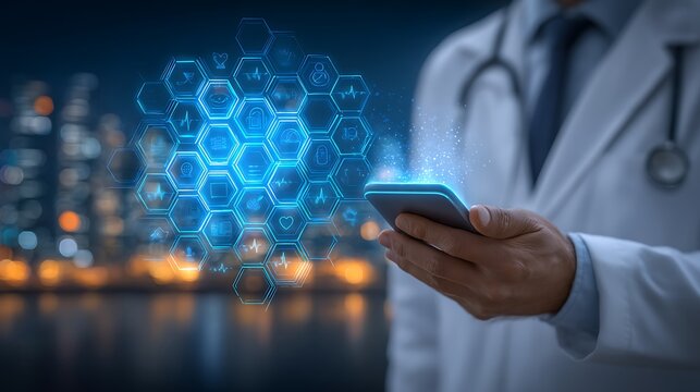 Doctor using digital health technology on smartphone with futuristic interface overlay and cityscape