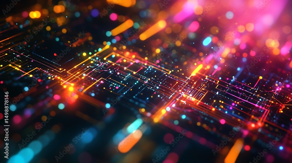 Poster abstract circuit board with glowing lines and colorful bokeh lights in a dark background design