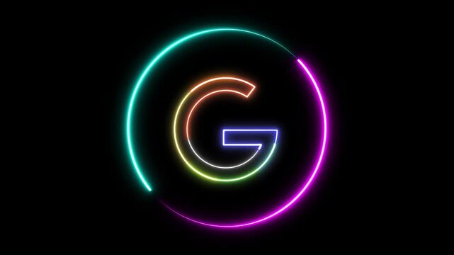 Animated colorful neon letter G with circle. Glowing alphabet g in vibrant neon lights on black background for motion graphics and digital content.